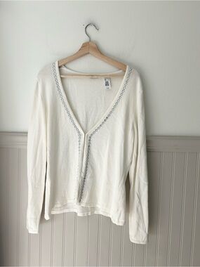 Liz & Co Large Cream V-Neck Cardigan Silver Beaded Trim Lightweight Knit